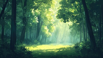 Obraz premium sunlit forest path lush green trees tranquil nature scene