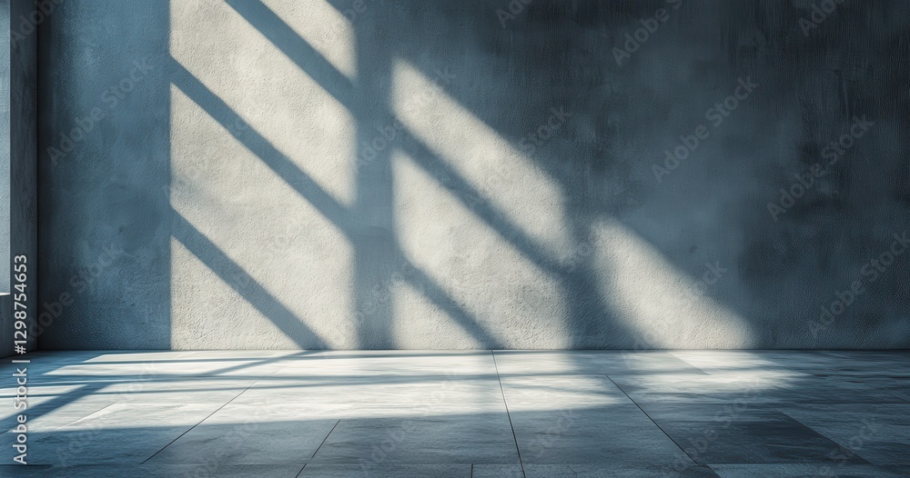Poster minimalist interior with gray walls and sunlight creating patterns through windows on a polished flo