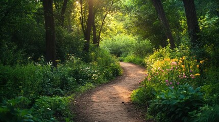 Obraz premium sunlit forest path with wildflowers