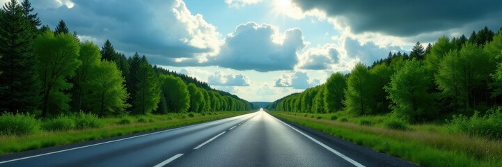 Obraz premium Empty asphalt highway winds through vibrant green forest, dramatic cloudscape , nature, journey, travel