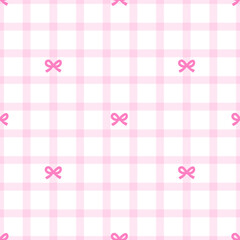 Pastel pink checkered pattern with bows, Cute Pink Gingham Checkered Seamless Pattern with Bows for Feminine and Playful Designs
