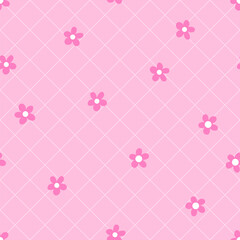 Soft Pink Diamond Grid Seamless Pattern with Cute Flowers for Feminine and Elegant Designs, Cute pink diamond pattern with tiny flowers

