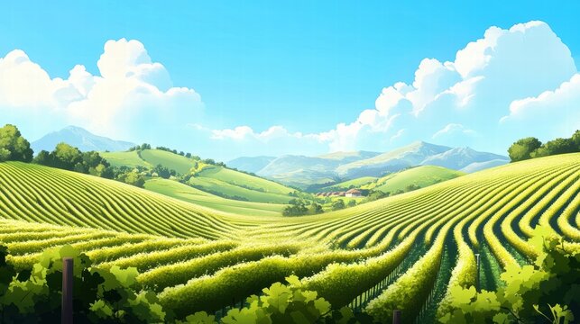 sunny vineyard landscape in rolling hills