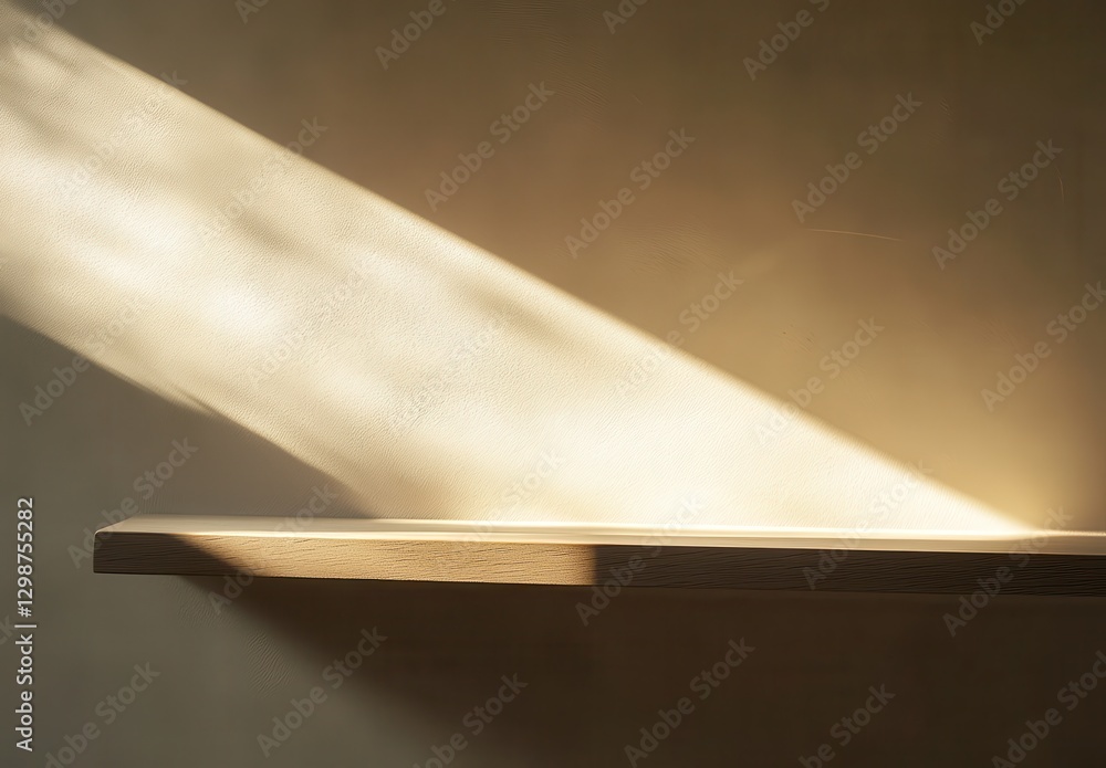 Poster minimalist wooden shelf illuminated by soft sunlight creating a serene and calming atmosphere in a m