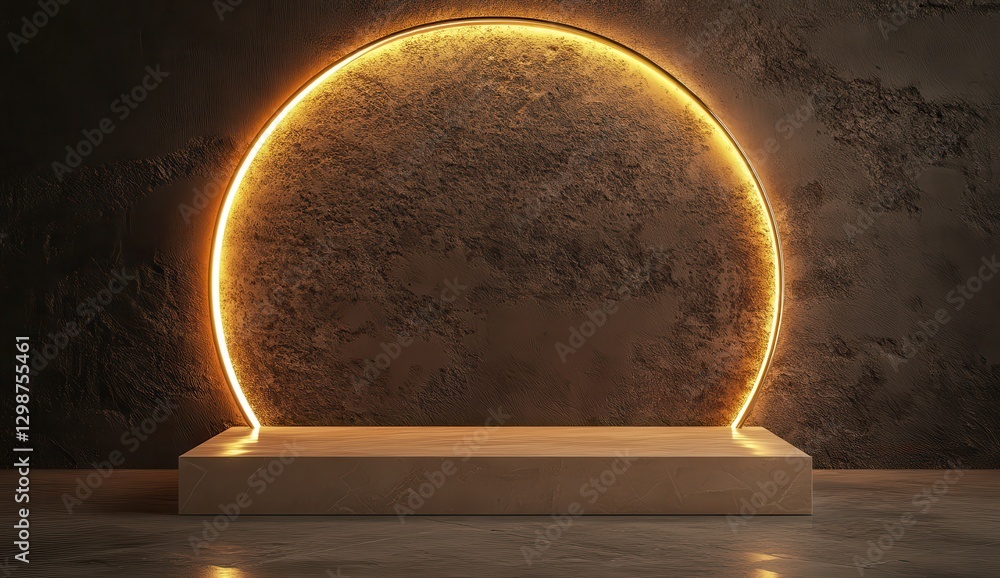 Poster minimalistic display platform with glowing circular light on textured wall for artistic presentation