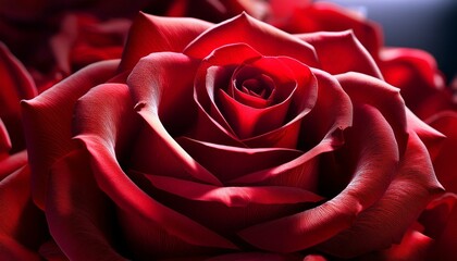 Naklejka premium A romantic close-up of deep red rose petals with soft, diffused lighting, emphasizing delicate textures.