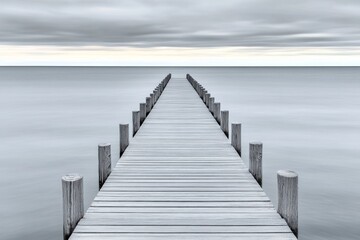 Fototapeta premium A calm, monochrome depiction of a solitary pier extending into the ocean