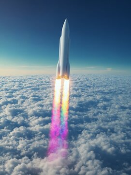 Un cohete despegando hacia el cielo, dejando una estela de colores entre las nubes.