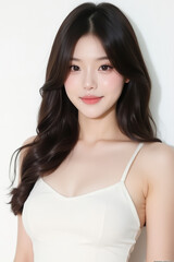 Female Asian Model with Long Hair - Young Beautiful Woman with Wavy Hair - Studio Portrait of Asian Beauty for Fashion, Cosmetic, Skincare - Posing on White Background - Smooth Styled Hair