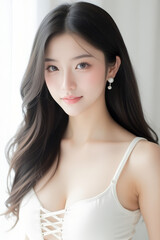 Female Asian Model with Long Hair - Young Beautiful Woman with Wavy Hair - Studio Portrait of Asian Beauty for Fashion, Cosmetic, Skincare - Posing on White Background - Smooth Styled Hair