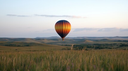 Fototapeta premium Hot air balloon over grassy plains at dawn