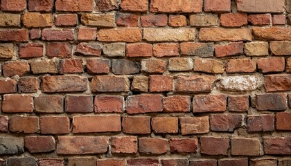 Obraz premium A close-up of a rustic brick wall with warm, earthy red and brown tones, creating a timeless and industrial aesthetic.