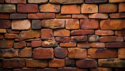 Fototapeta premium A close-up of a rustic brick wall with warm, earthy red and brown tones, creating a timeless and industrial aesthetic.