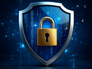 Digital Security Shield with Golden Lock, Symbolizing Protection and Cybersecurity in a Tech-Driven World