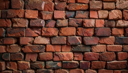 Obraz premium A close-up of a rustic brick wall with warm, earthy red and brown tones, creating a timeless and industrial aesthetic.