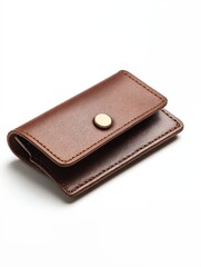 Una elegante cartera de cuero marr&oacute;n con bot&oacute;n dorado, ideal para el almacenamiento de tarjetas y efectivo.