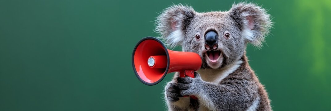 Un koala alegre sostiene un meg&aacute;fono, listo para hacer escuchar su voz en un entorno natural.