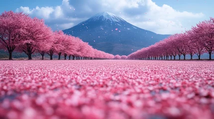 Gordijnen Pink petals carpet blossom trees lining pathway, mountain backdrop, idyllic spring landscape © Erisna Yolanda