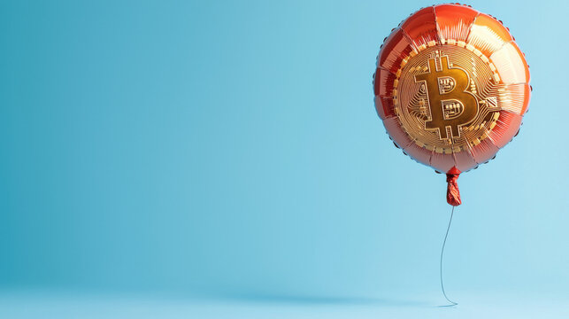 Bitcoin crash, Crypto price drop sell-off. Red and gold balloon against a blue background with a festive theme.