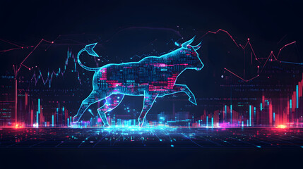 A dynamic stock market graph with upward arrows and an animated bull charging towards the top
