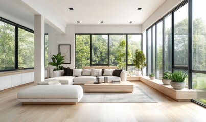 Fototapeta premium Modern Bright Living Room with Large Windows Overlooking Lush Green Garden and Minimalist Furniture in Contemporary Design Aesthetic