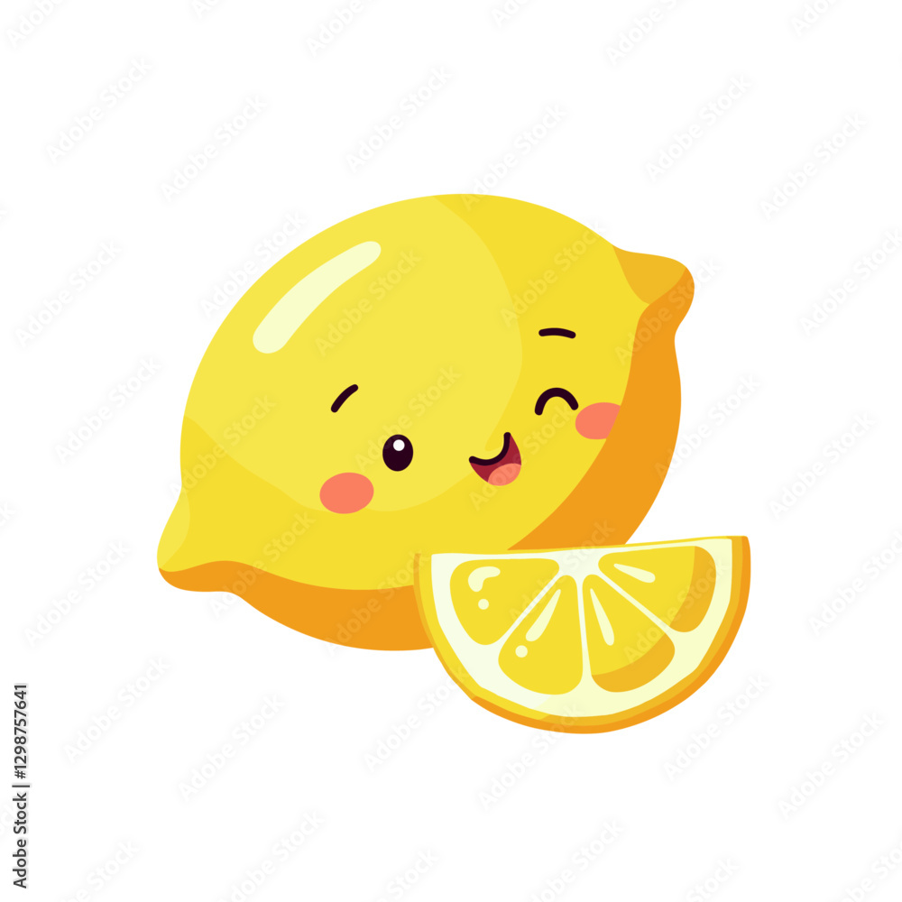 Poster cheerful lemon character with slice: a cute cartoon lemon winking and smiling with a lemon wedge on 