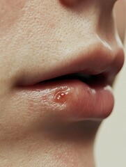Close-up of a person's lips with a visible cold sore on the lower lip. 