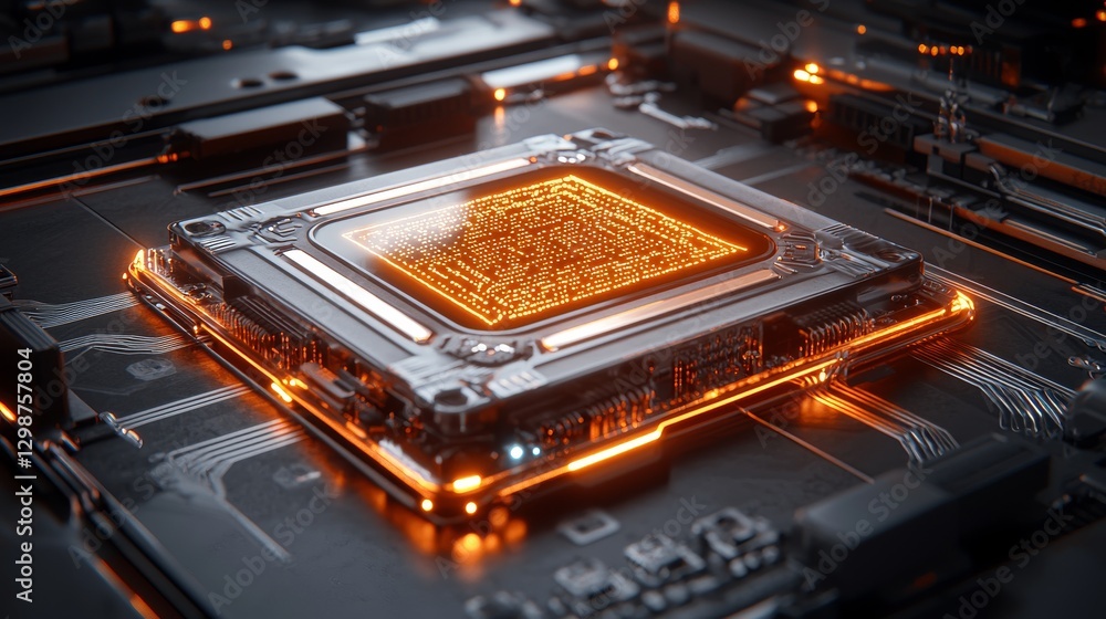 Poster futuristic microchip technology revolutionizing computing high-tech lab digital innovation close-up 