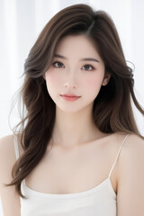 Female Asian Model with Long Hair - Young Beautiful Woman with Wavy Hair - Studio Portrait of Asian Beauty for Fashion, Cosmetic, Skincare - Posing on White Background - Smooth Styled Hair