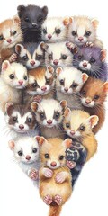 A group of ferrets of different colors and patterns arranged in a heart shape, each with unique poses and expressions