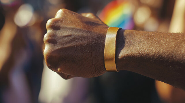 close up of hand wearing gold wristband, symbolizing pride and unity
