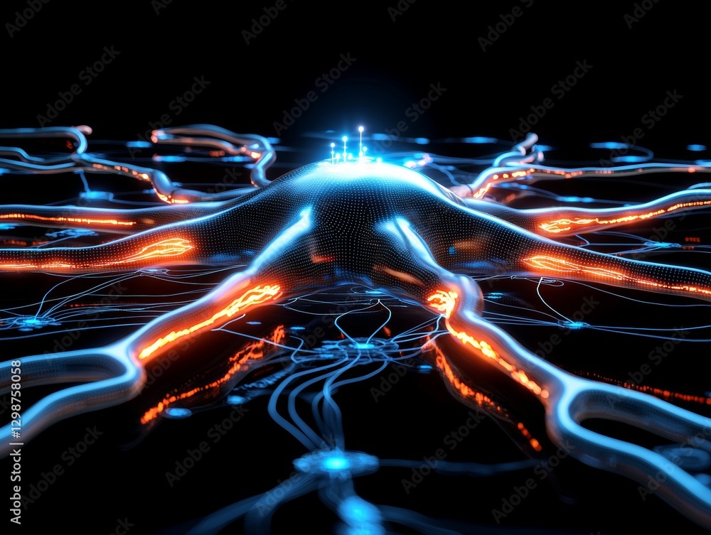 Poster neural network glowing diagram digital realm abstract design dark environment close-up view futurist