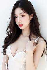 Naklejka premium Female Asian Model with Long Hair - Young Beautiful Woman with Wavy Hair - Studio Portrait of Asian Beauty for Fashion, Cosmetic, Skincare - Posing on White Background - Smooth Styled Hair