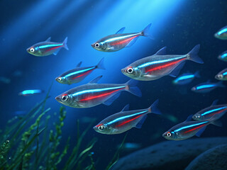 Fototapeta premium A school of neon tetras glowing under deep blue lighting, their iridescent stripes reflecting the cinematic light