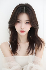 Female Asian Model with Long Hair - Young Beautiful Woman with Wavy Hair - Studio Portrait of Asian Beauty for Fashion, Cosmetic, Skincare - Posing on White Background - Smooth Styled Hair