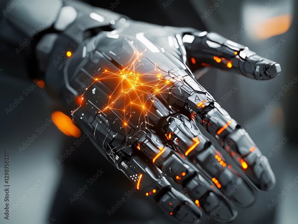 Aufkleber futuristic robotic hand interaction advanced technology lab digital art high-tech environment close-