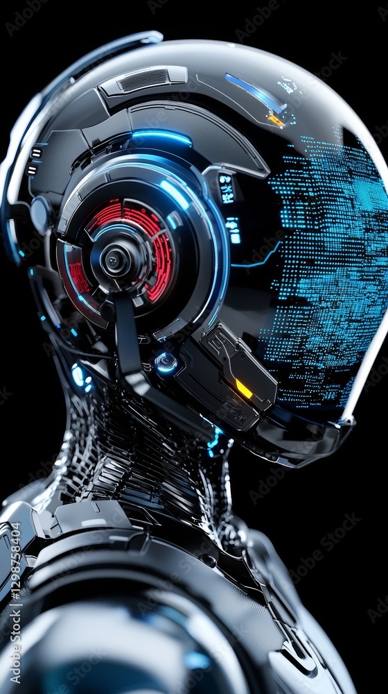 Poster futuristic robot head close-up high-tech laboratory digital art neon environment side view advanced 