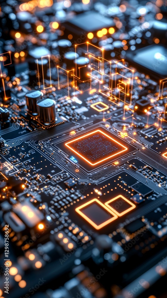 Poster high tech circuit board design modern electronics lab close-up view futuristic environment innovativ