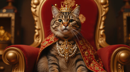 Majestic cat wearing crown and royal attire, sitting on throne