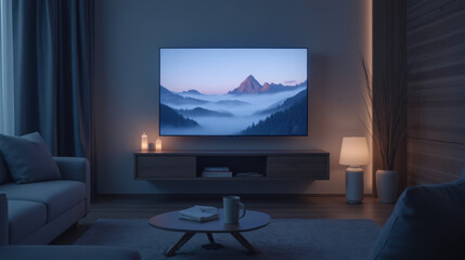 cozy living room with large TV displaying mountain landscape at dusk, creating serene atmosphere