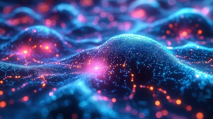 Vibrant nanotech particles illuminating synthetic landscape with neon lights