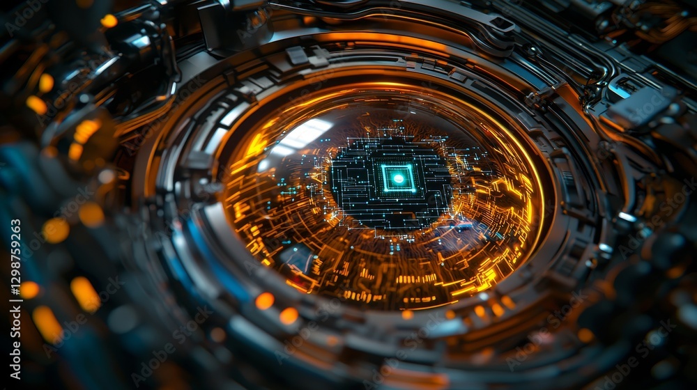 Poster futuristic technology glowing orange orb digital lab 3d render sci-fi environment close-up view inno