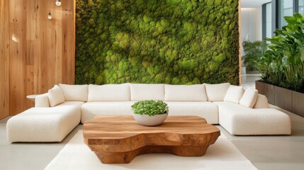Biophilic cozy living room, oversized chunky knit sofa made of thick ivory wool, sculptural wooden mosaic accent wall with integrated moss panels