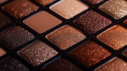 Fototapeta premium Close-up of a brown eyeshadow palette with shimmering shades, highlighting texture and color variety.