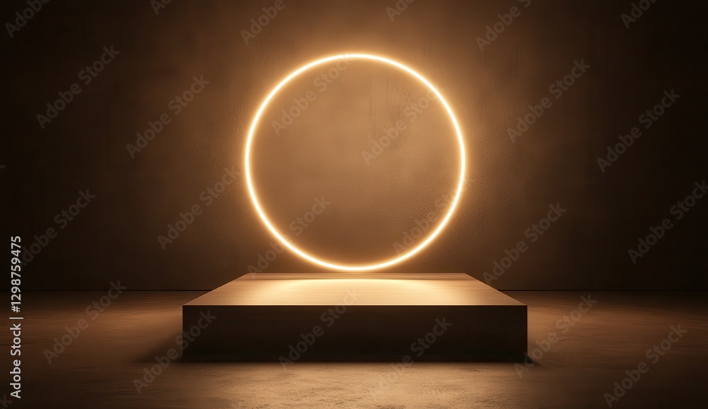 Aufkleber modern minimalist illuminated circle display against a dark background in a contemporary art space w