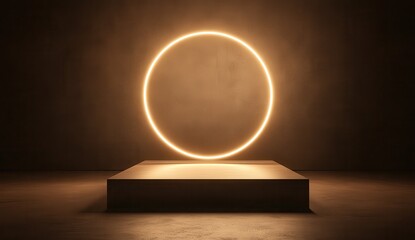 Modern minimalist illuminated circle display against a dark background in a contemporary art space with soft glowing light effects casting shadows
