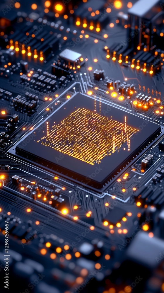 Poster high tech microchip circuit board technology hub digital detail futuristic environment close-up view