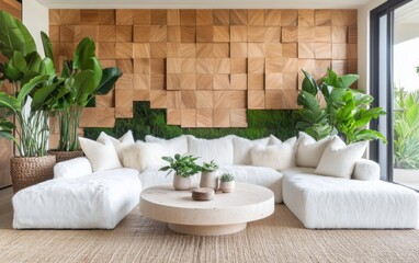 Cozy living room, oversized plush faux fur sofa in soft sand tones, sculptural wooden mosaic accent wall with integrated moss panels, floating travertine