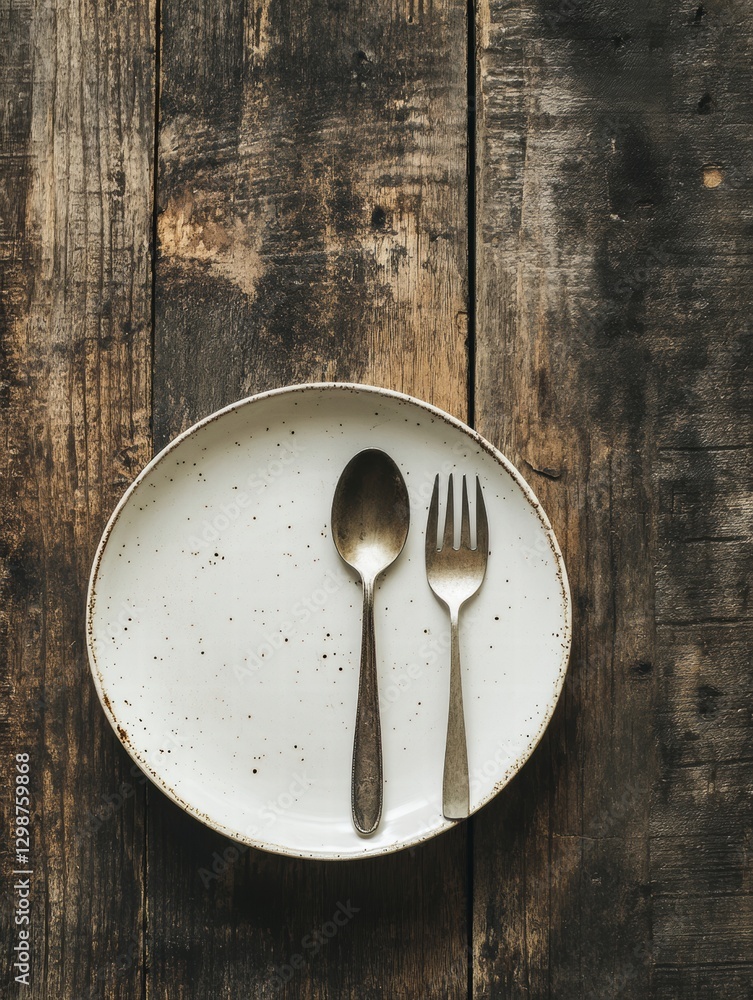 Aufkleber simple wooden table setting with a white plate, spoon, and fork in natural light. generative ai