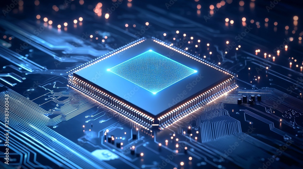 Poster high tech microchip processor innovation technology lab digital artwork futuristic environment close